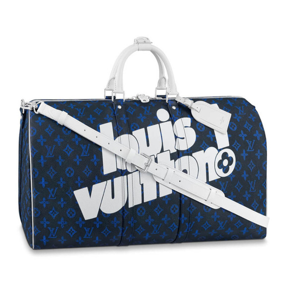 Louis Vuitton Keepall Bandouliere 55 Blue White Exclamation Weekend Travel Bag - Picture 1 of 11